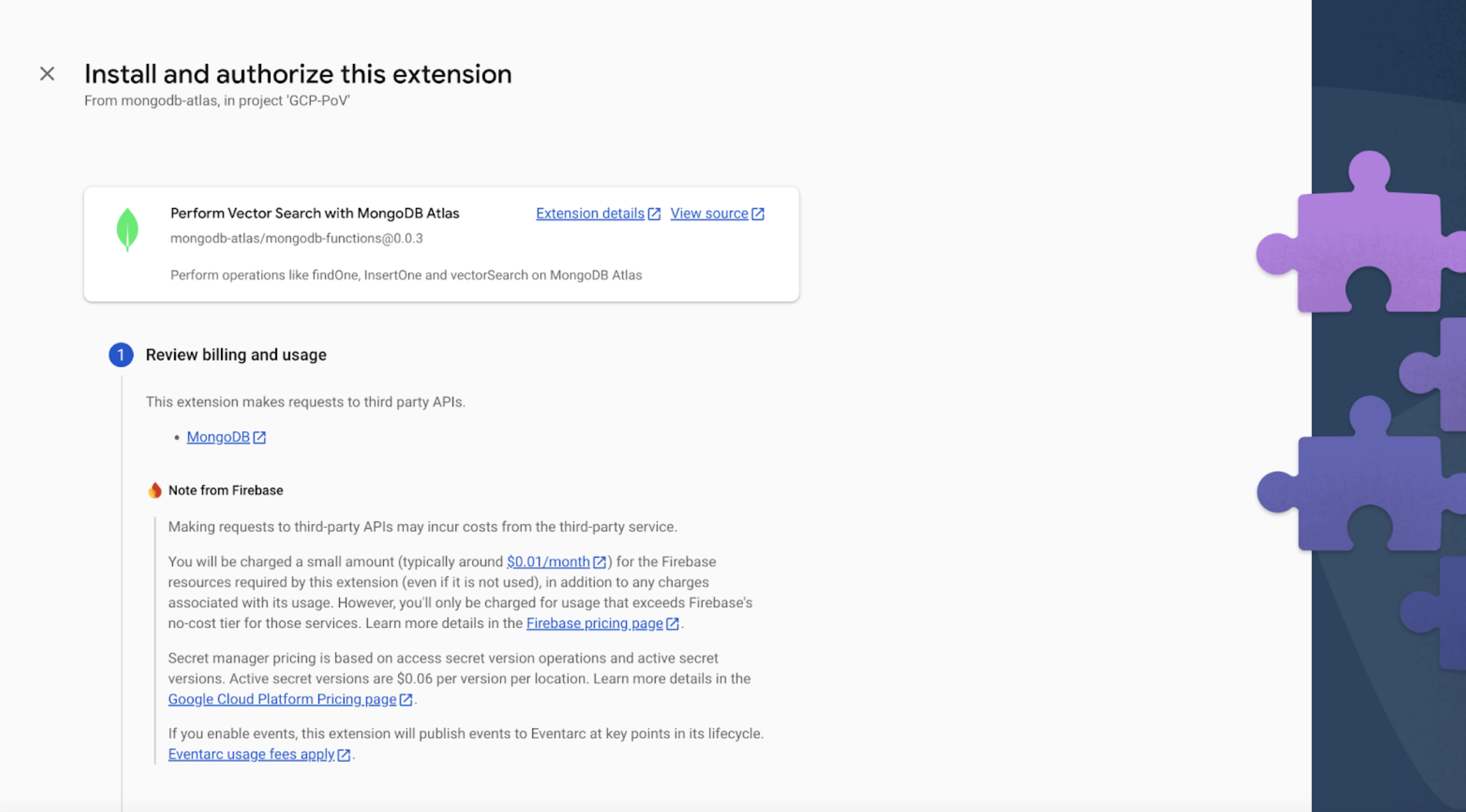 Screenshot showing the MongoDB Atlas extension's installation page. The page is titled Install and authorize extension.